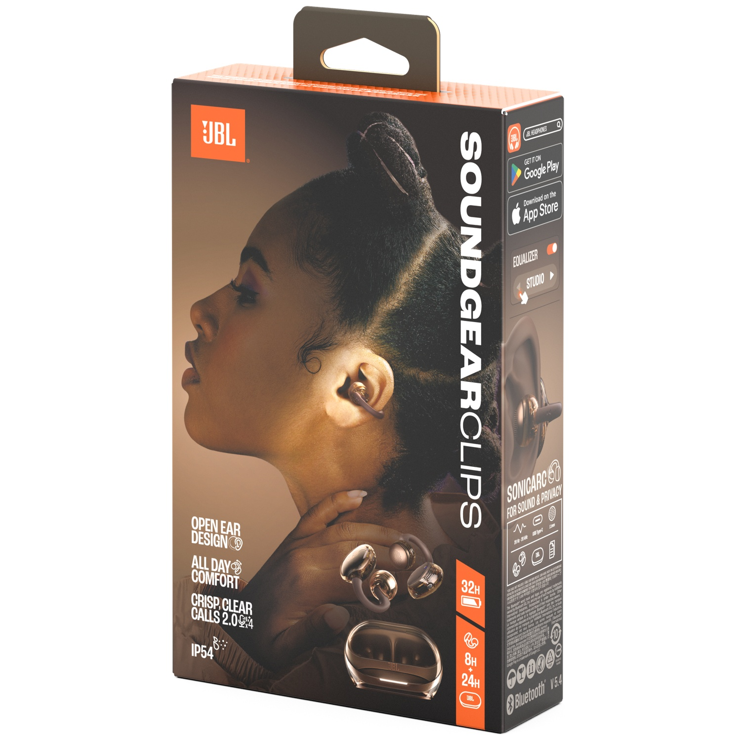 Boîte d'écouteurs JBL Soundgear Clips. Une femme en porte un. Caractéristiques : conception à oreille ouverte, confort toute la journée et appels clairs.
