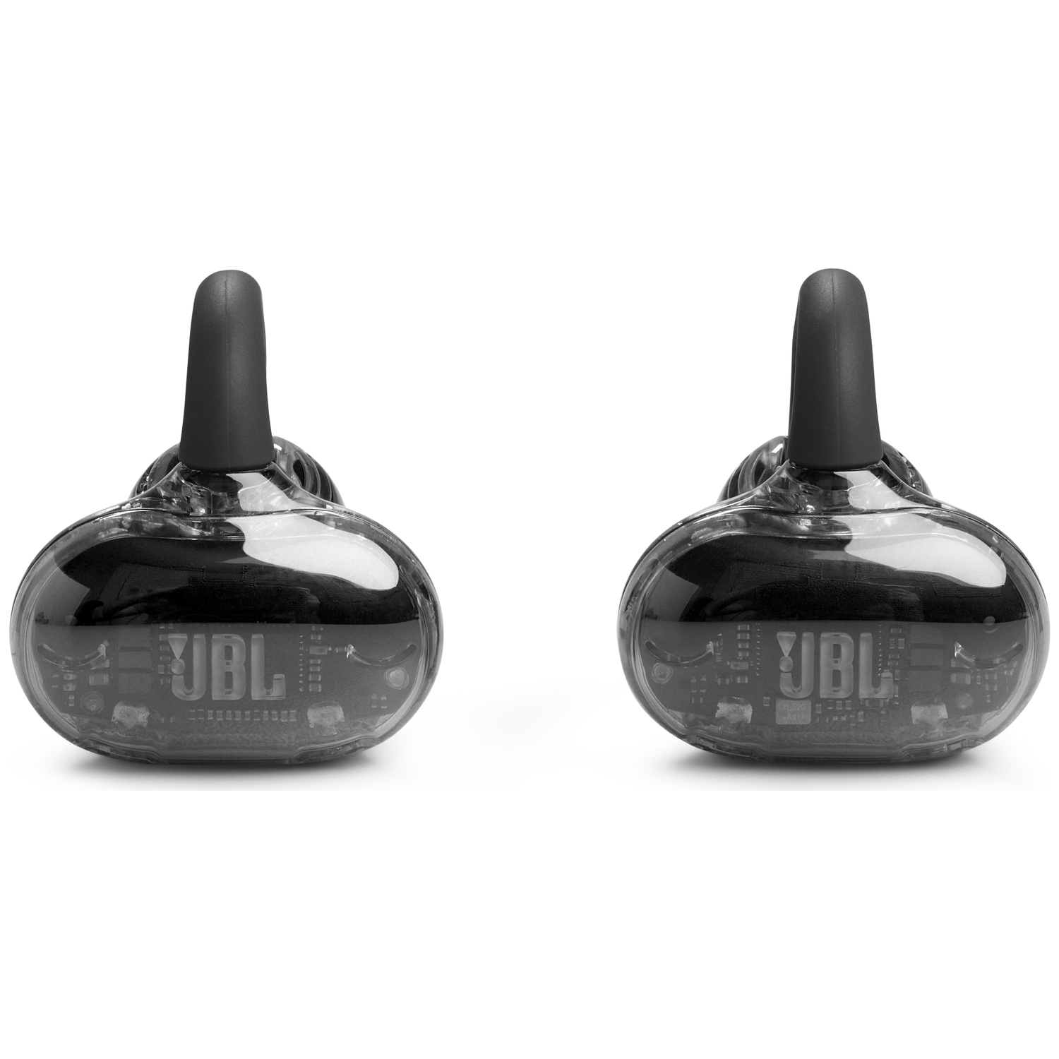 Deux écouteurs JBL noirs et transparents sur fond blanc. Chaque écouteur a un crochet d'oreille noir et un corps transparent.