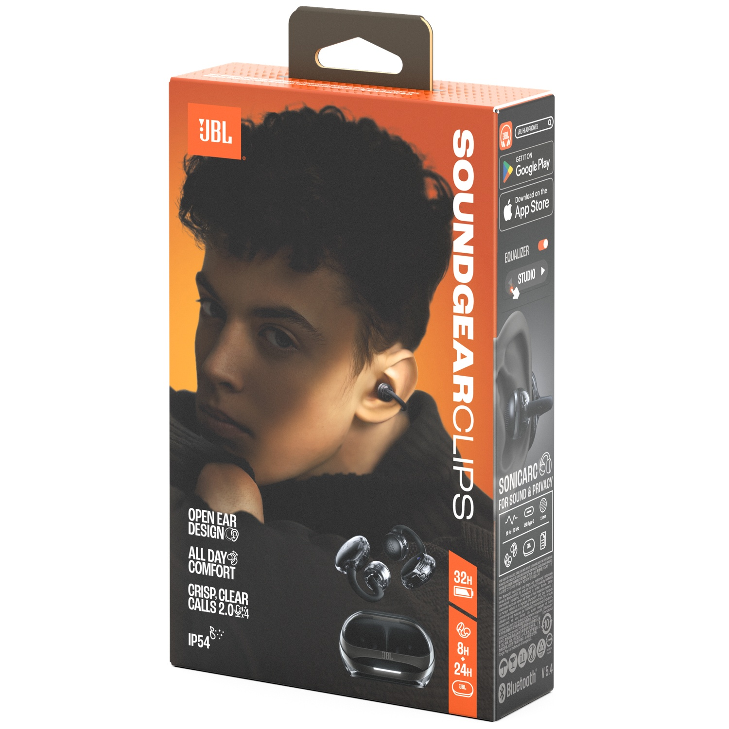 Boîte avec écouteurs JBL Soundgear Clips. La boîte montre une personne portant les écouteurs, leurs caractéristiques et le logo JBL.