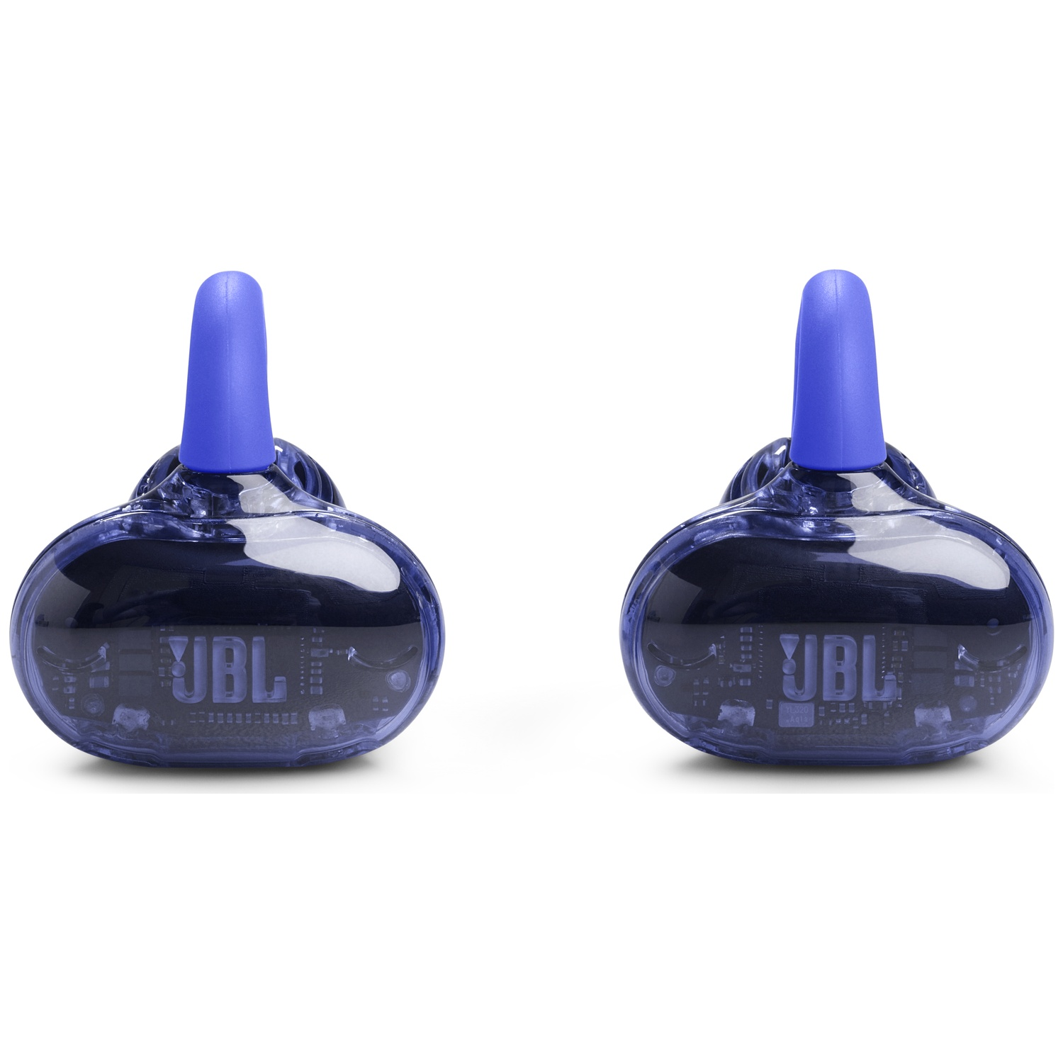 Deux écouteurs JBL bleus transparents, chacun avec un embout bleu. Le logo JBL est visible à l'avant de chaque écouteur, sur fond blanc.