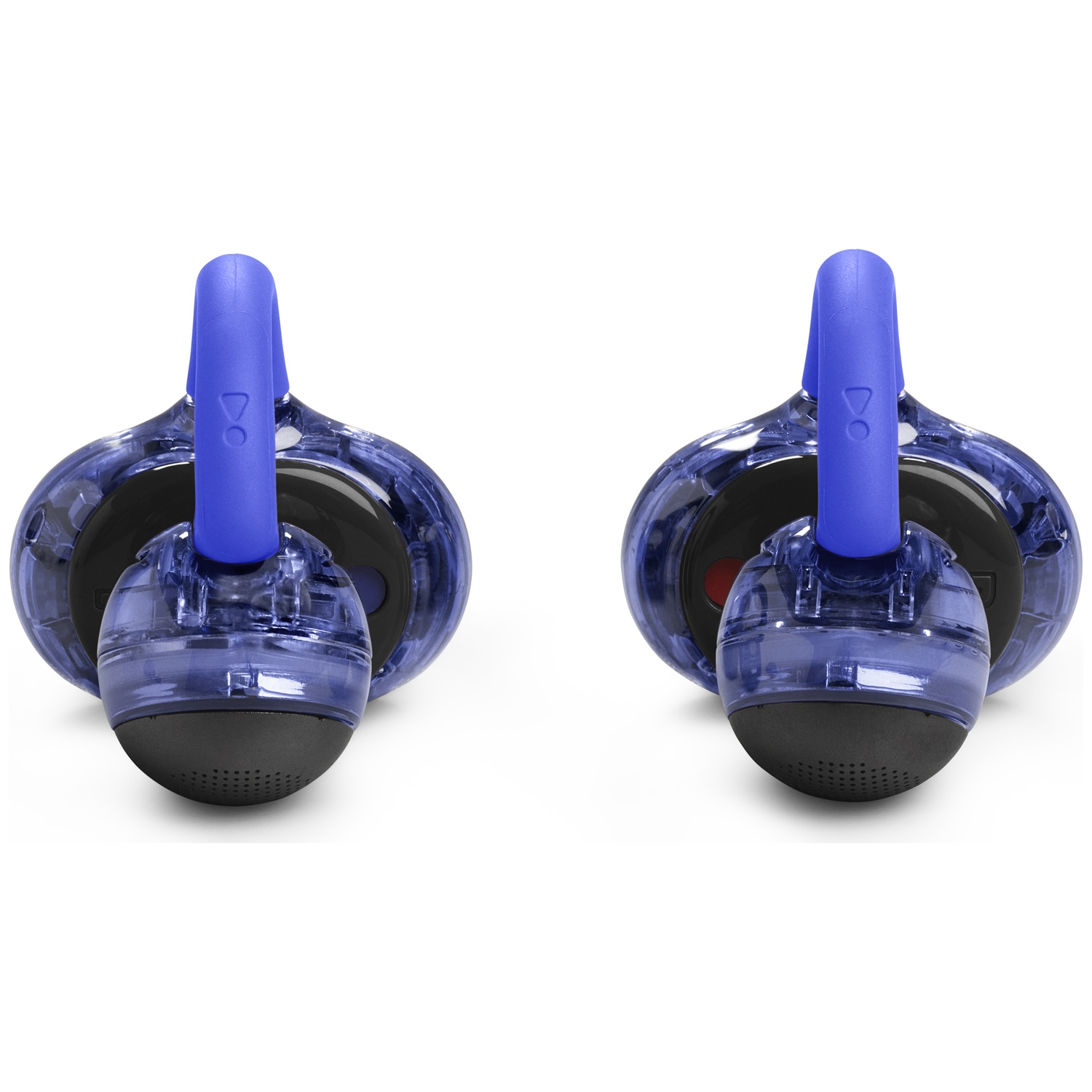 Deux écouteurs sans fil bleus et noirs, chacun avec une boucle bleue. Ils sont sur fond blanc. L'un a un point rouge.