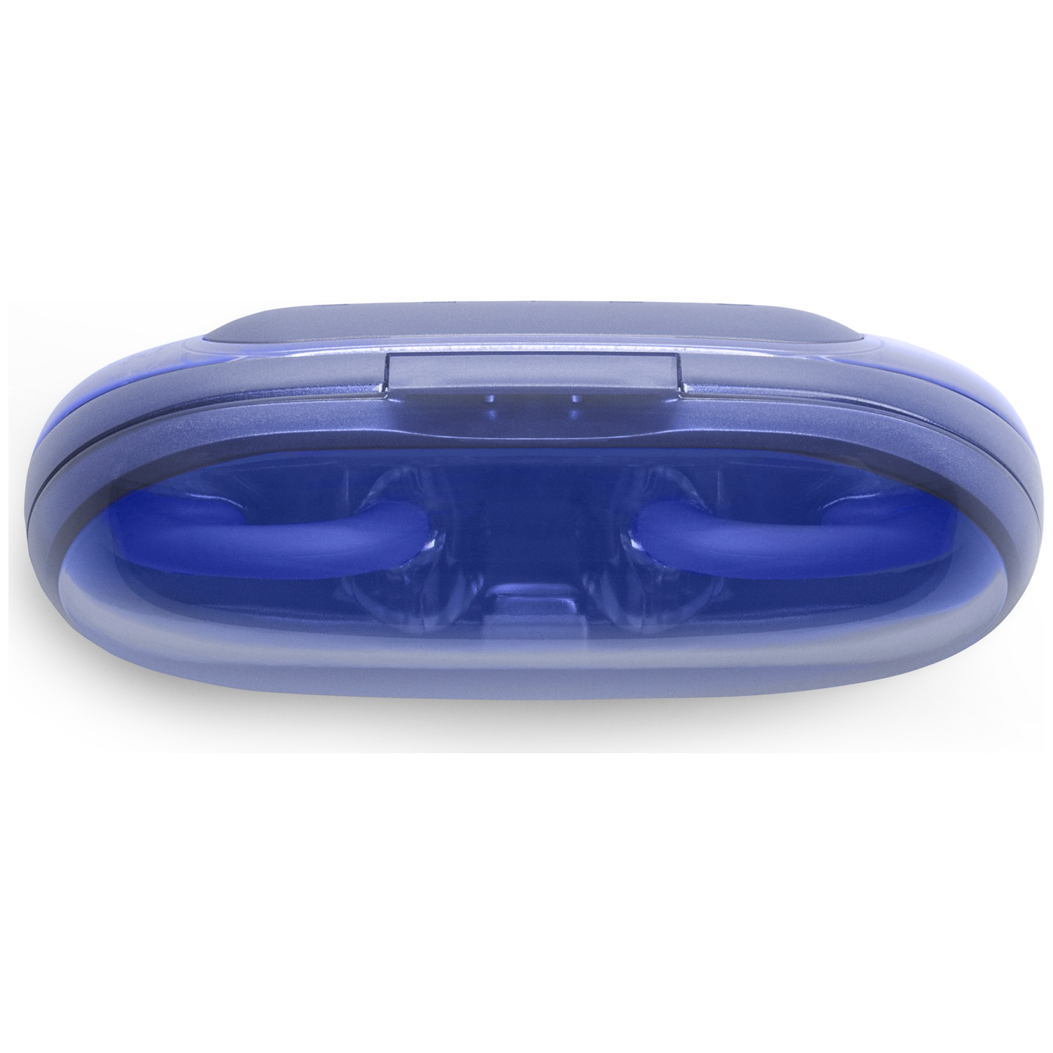 Un appareil bleu ovale sur fond blanc. Il a un couvercle translucide et contient deux éléments bleus incurvés à l'intérieur.