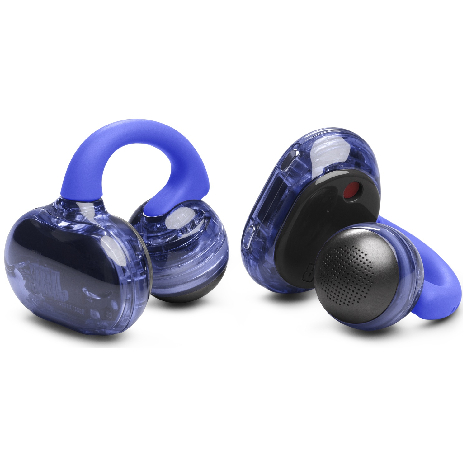 Deux écouteurs bleus transparents avec des arches bleues reposent sur une surface blanche. L'un est droit, l'autre est sur le côté.