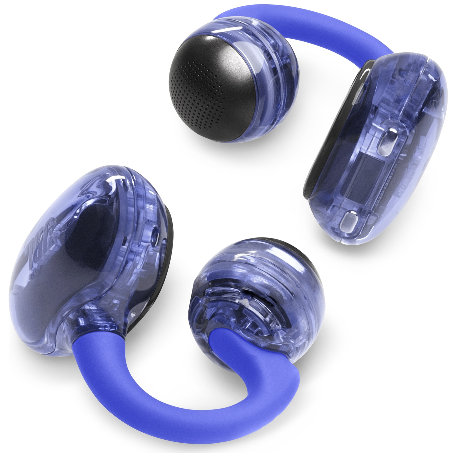 Vue aérienne d'un casque bleu et transparent sur fond blanc.