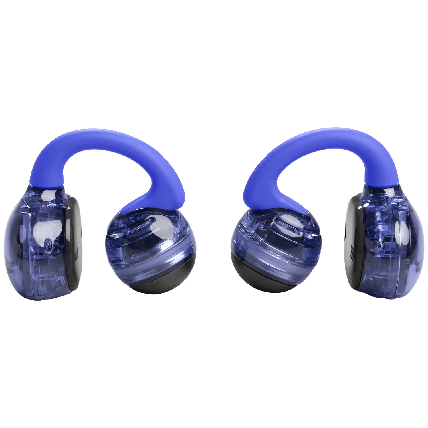 Deux écouteurs bleus transparents avec une base noire et un bandeau bleu sur fond blanc.
