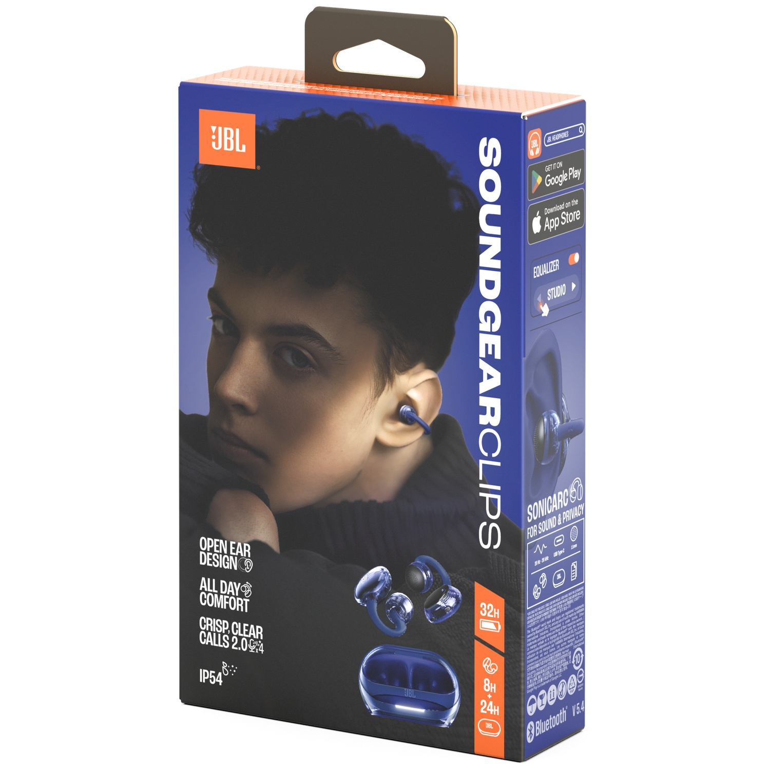 Une boîte JBL Soundgear Clips présente une personne portant des écouteurs bleus. La boîte comprend du texte sur la conception à oreille ouverte, le confort et les appels clairs.