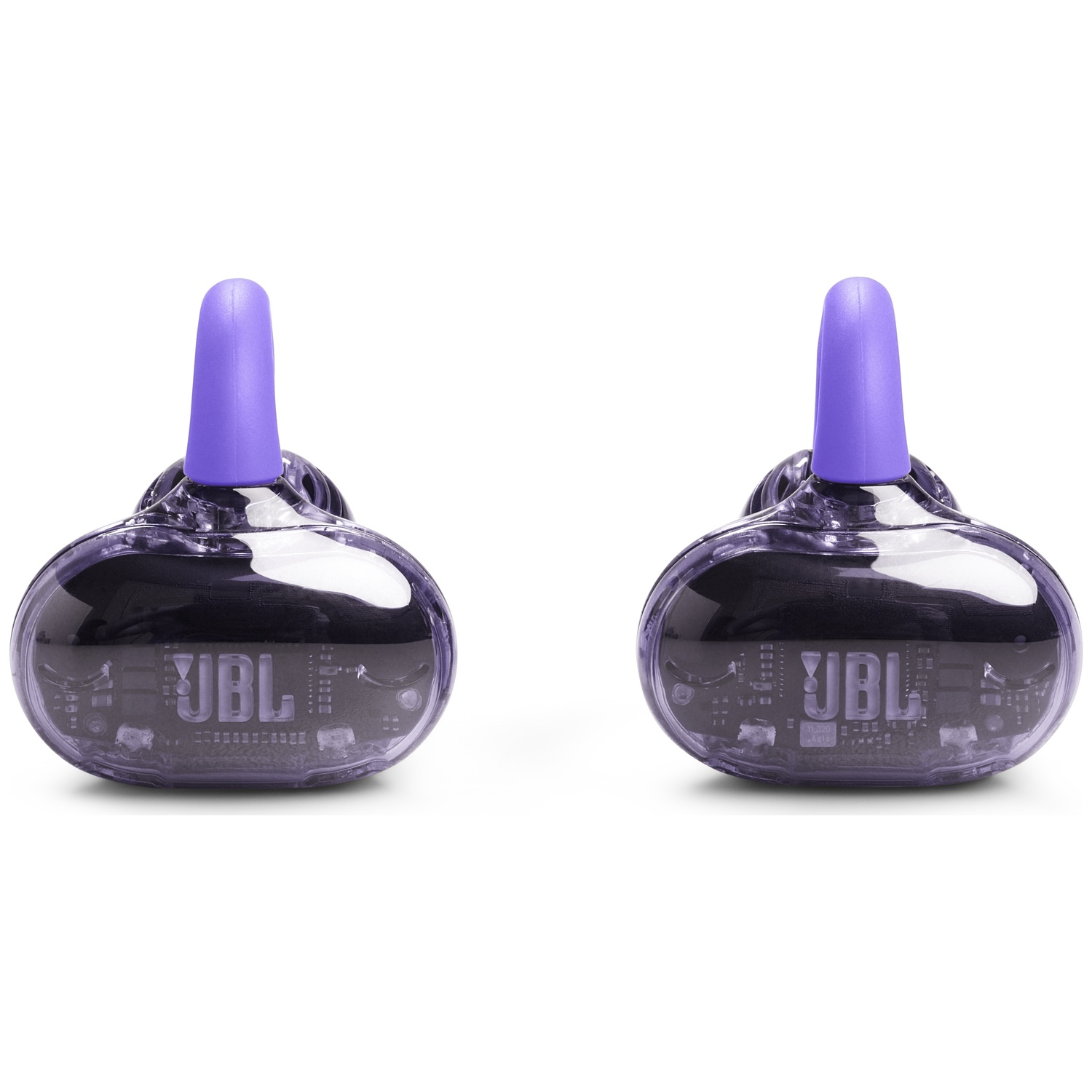 Deux écouteurs JBL transparents avec des embouts violets sont affichés sur un fond blanc. Les écouteurs affichent le logo JBL.