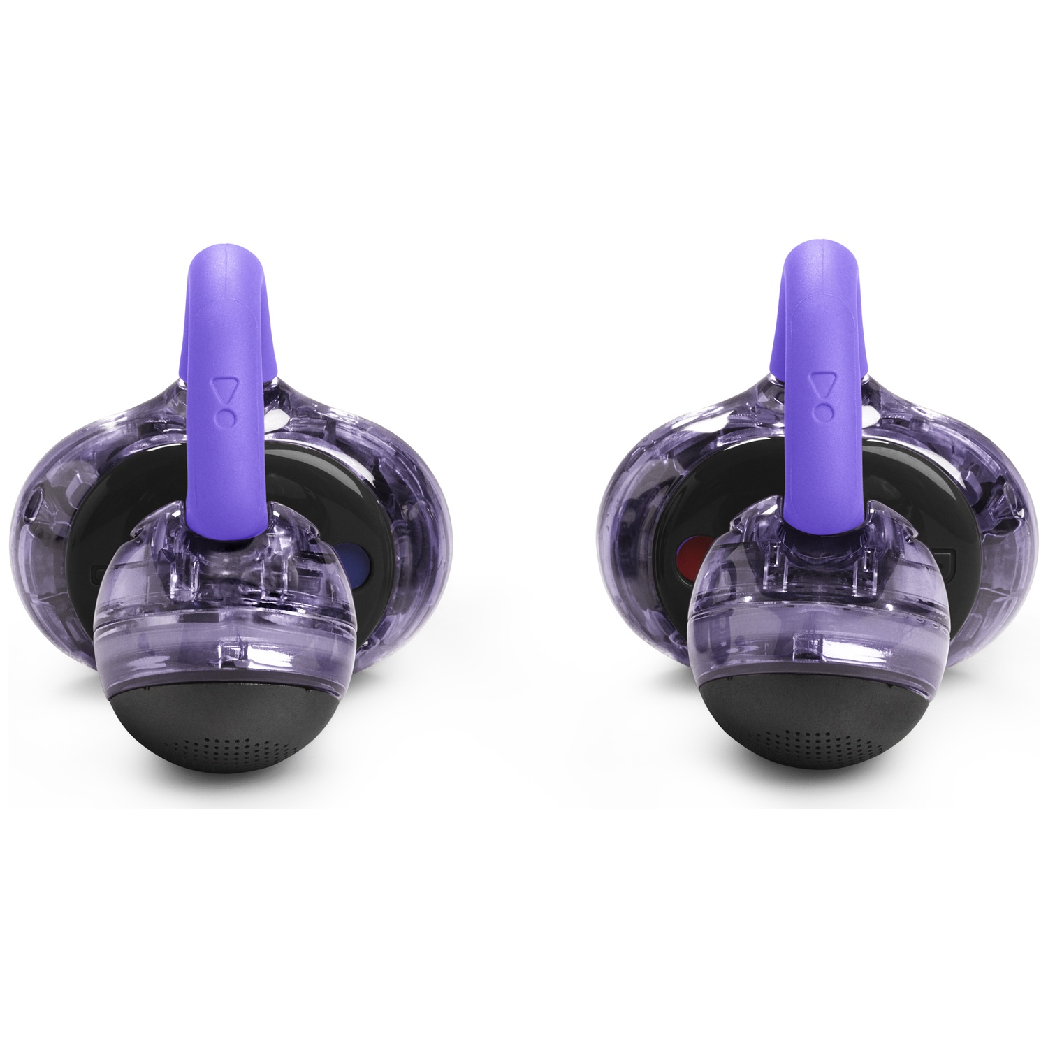 Deux écouteurs violets et noirs transparents, chacun avec une arche violette, sur fond blanc.