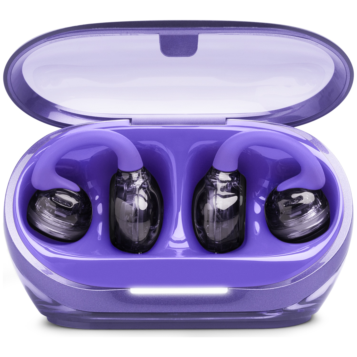 Étui d'écouteurs violet avec écouteurs transparents à l'intérieur. L'étui est ouvert, montrant les écouteurs dans leurs compartiments.