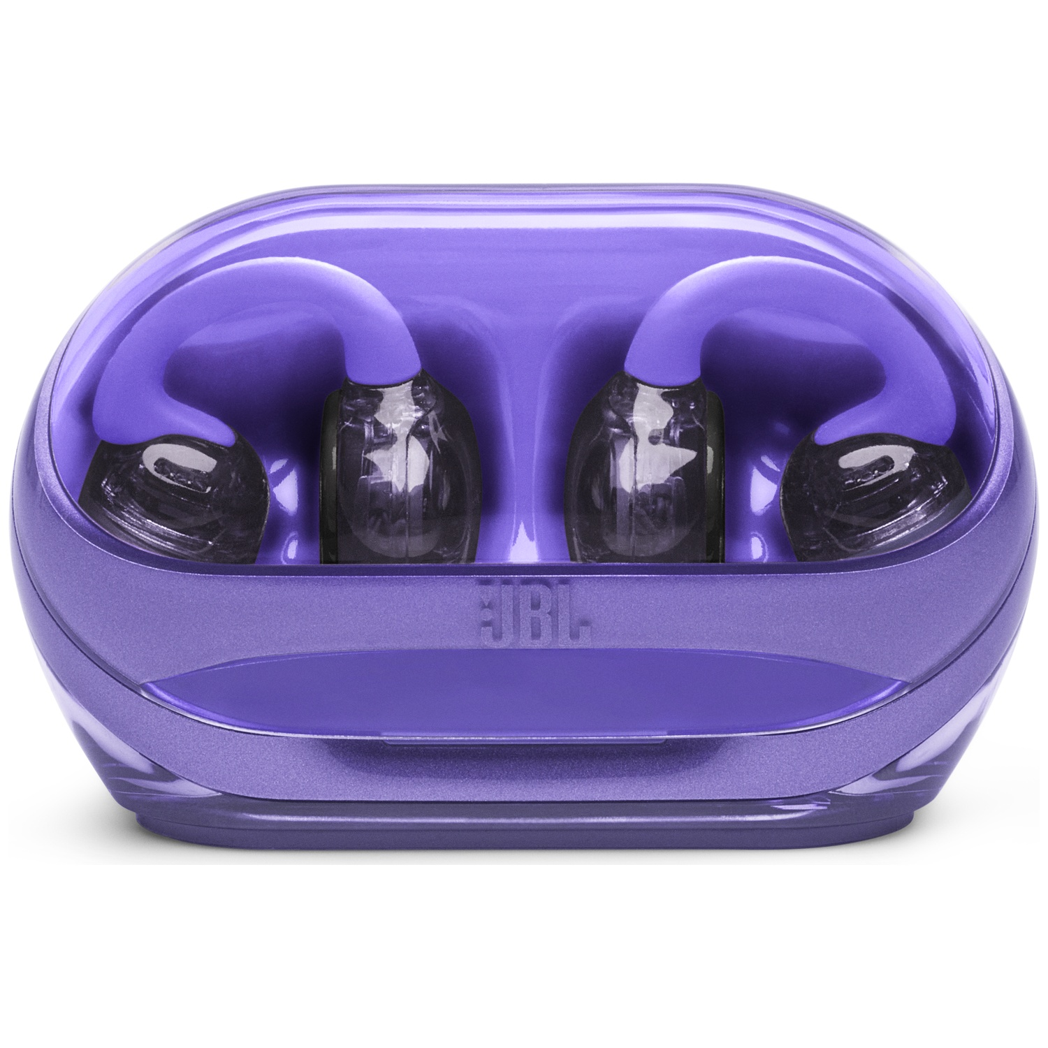 Écouteurs JBL violets dans un étui de chargement transparent. Logo JBL visible. Les écouteurs sont sombres.