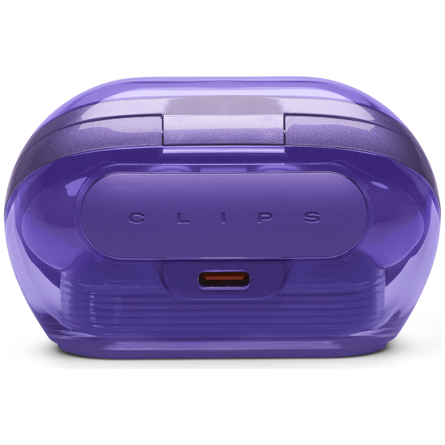 Un étui de chargement d'écouteurs violet, avec le mot 'CLIPS' sur le devant. Il est sur fond blanc.