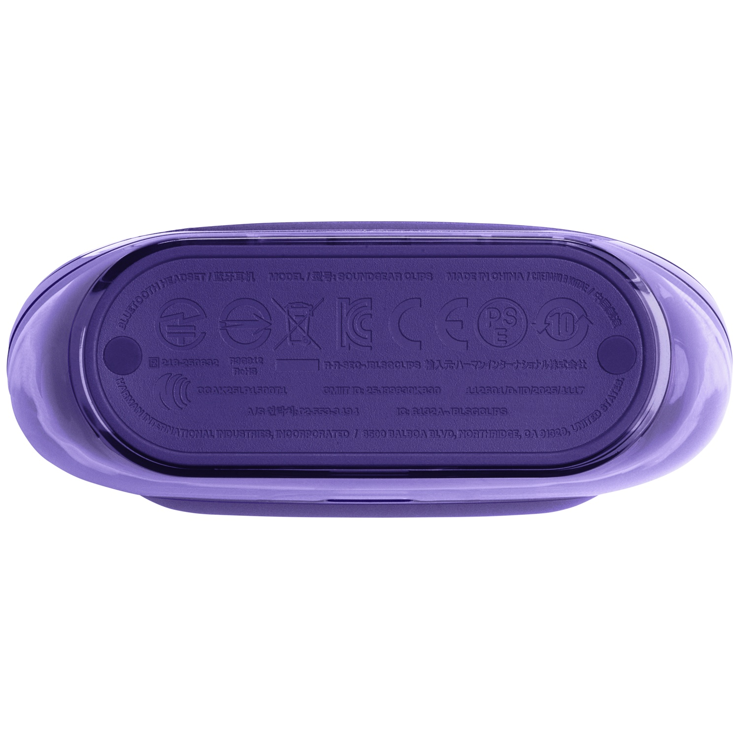 Un casque Bluetooth violet, de forme ovale, avec du texte et des symboles blancs sur sa surface, y compris des informations réglementaires.
