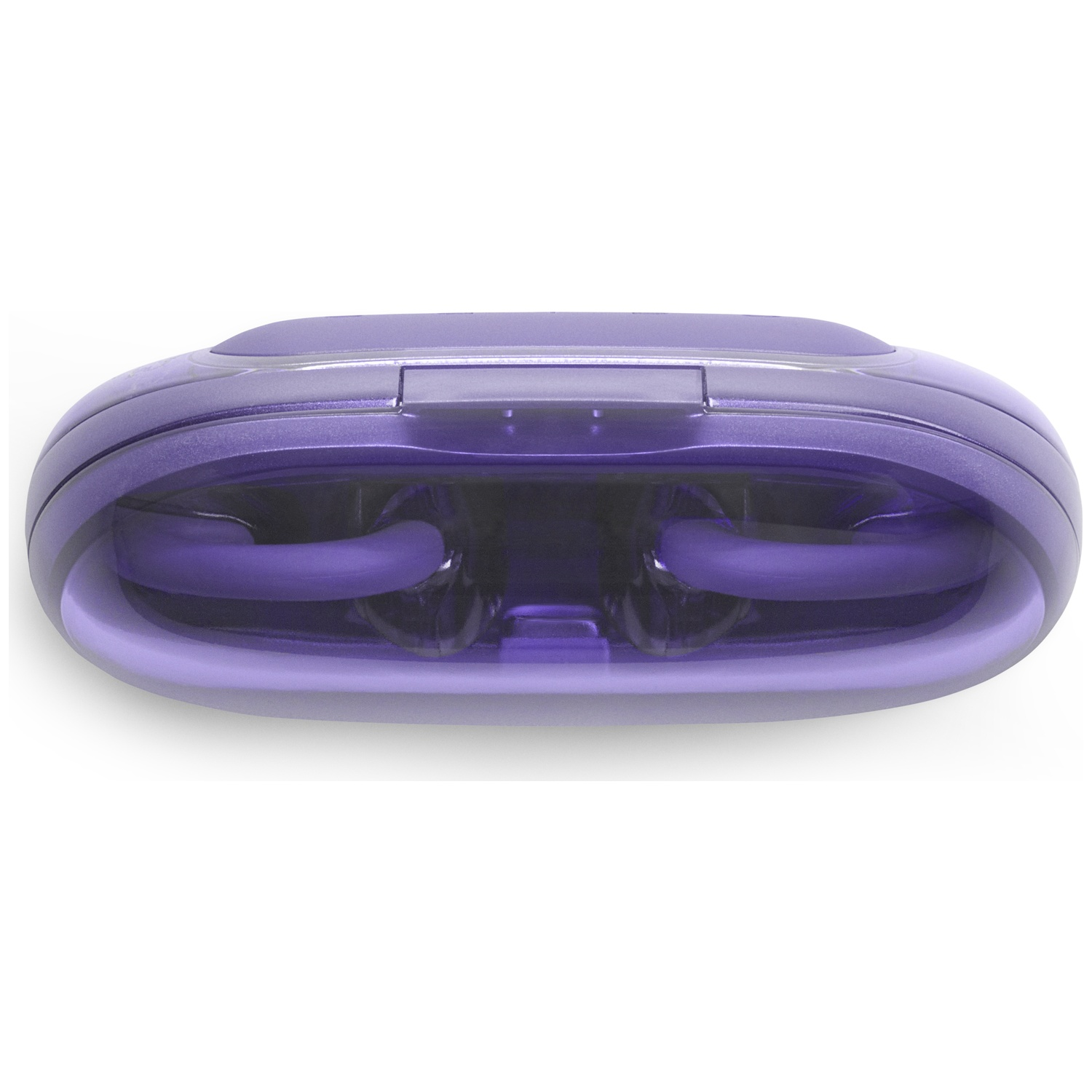Un objet violet, de forme oblongue, avec un couvercle transparent. Deux tubes courbes et clairs sont à l'intérieur. Le fond est blanc.