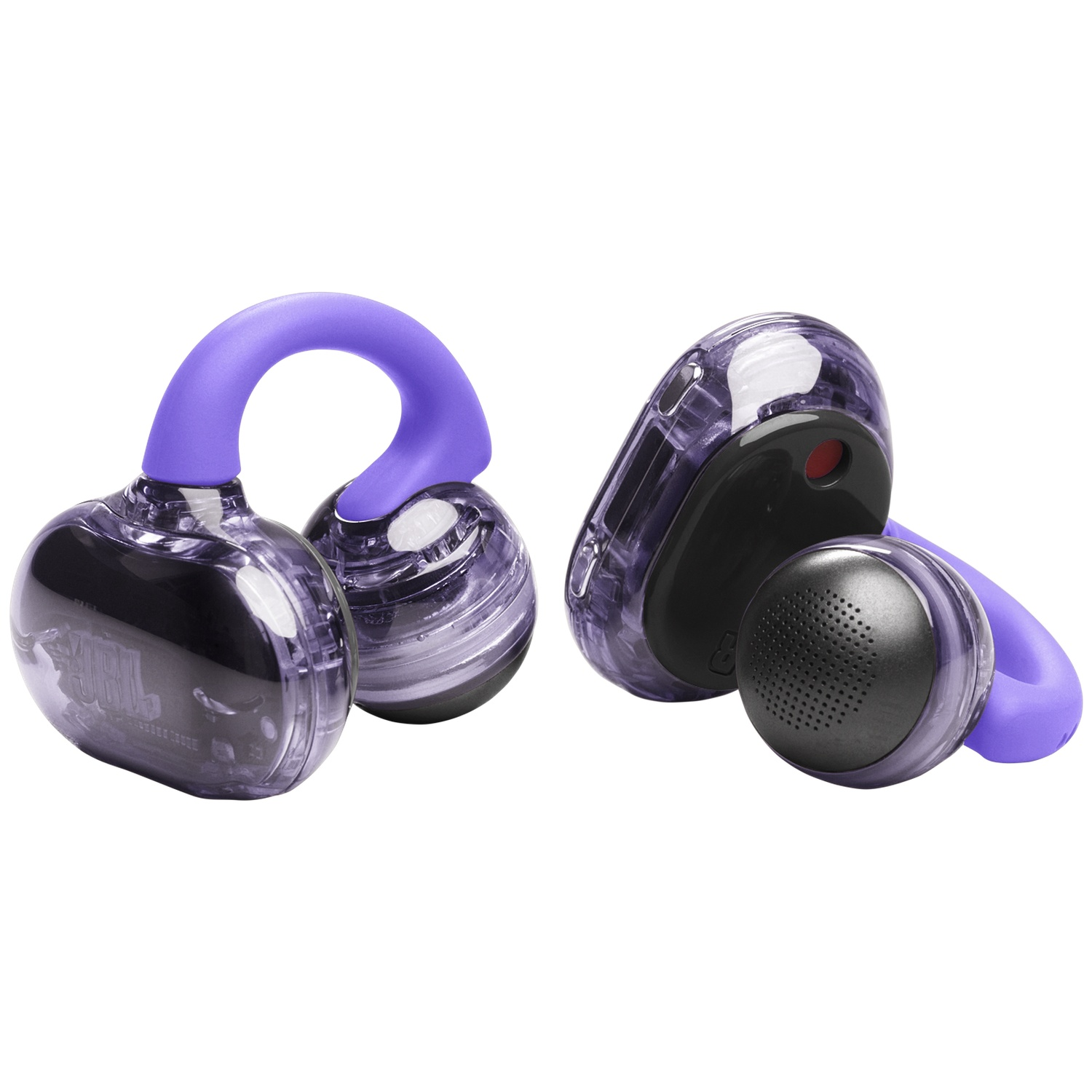 Deux écouteurs transparents violets et noirs avec des arches violettes. Les écouteurs sont sur fond blanc.