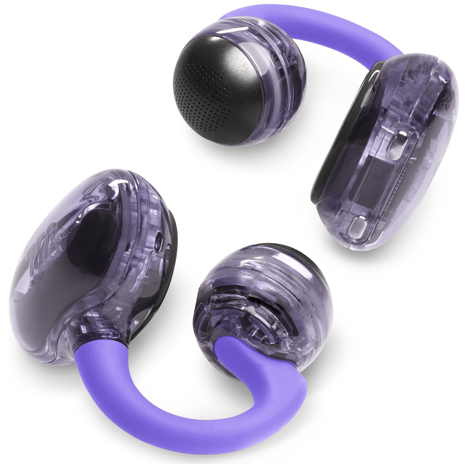 Casque en plastique transparent avec bande violette. Les écouteurs ont un maillage noir. Isolé sur fond blanc.