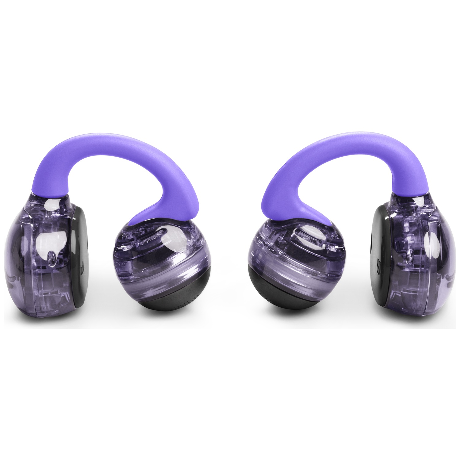 Deux appareils d'exercice, chacun avec une poignée violette et une base sphérique transparente avec des accents noirs, sur fond blanc.