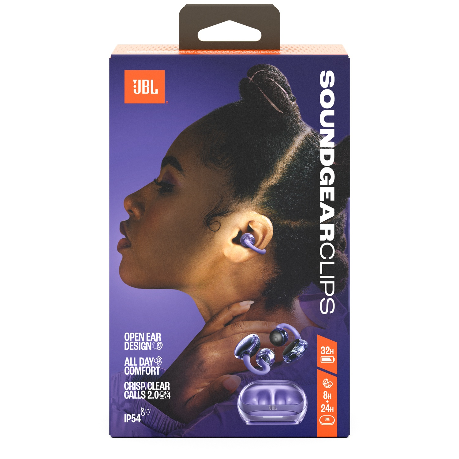 Boîte avec une femme portant des écouteurs violets. La boîte affiche 'SOUNDGEARCLIPS' et la marque 'JBL'. Inclut les caractéristiques du produit et les infos batterie.