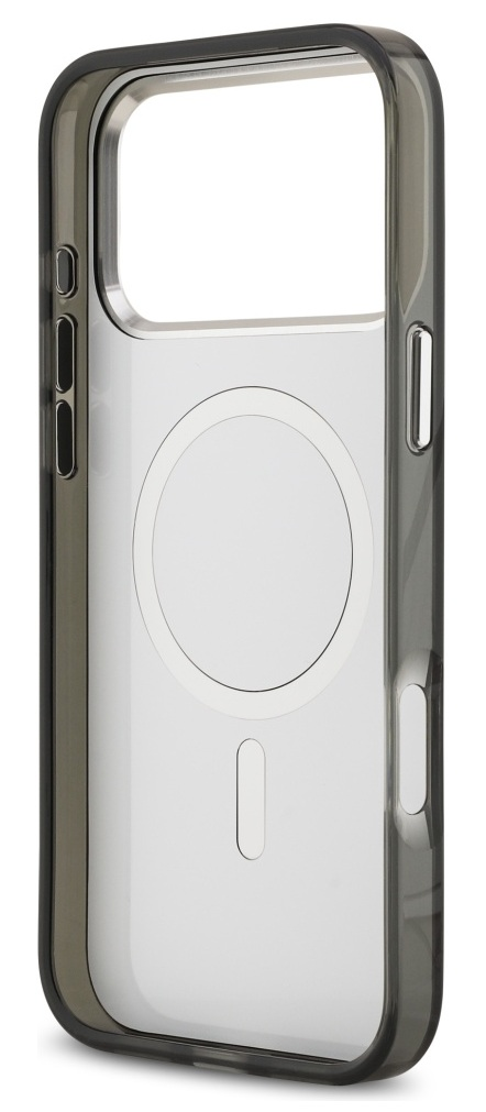 Przezroczyste etui na telefon z ciemnoszarą obwódką. Wewnątrz ma okrągły i prostokątny kształt.