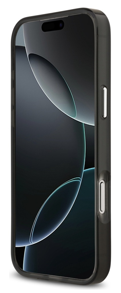 Czarny smartfon w przezroczystym etui. Ekran wyświetla ciemny, abstrakcyjny wzór. Etui ma przyciski z boku.