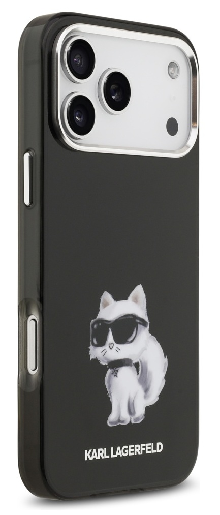 Czarne etui na telefon z białym kotem w okularach przeciwsłonecznych. Logo Karl Lagerfeld na dole. Wiele obiektywów aparatu u góry.