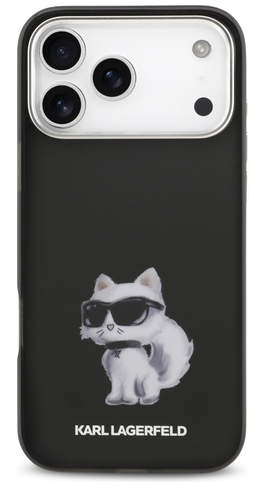 Czarny futerał na telefon z białym kotem w okularach przeciwsłonecznych. Nazwa marki Karl Lagerfeld na dole.