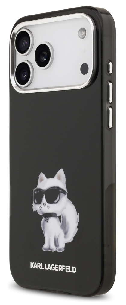 Czarne etui na telefon z logo Karla Lagerfelda. Biały kot w okularach przeciwsłonecznych na etui. Widoczny obszar aparatu telefonu.