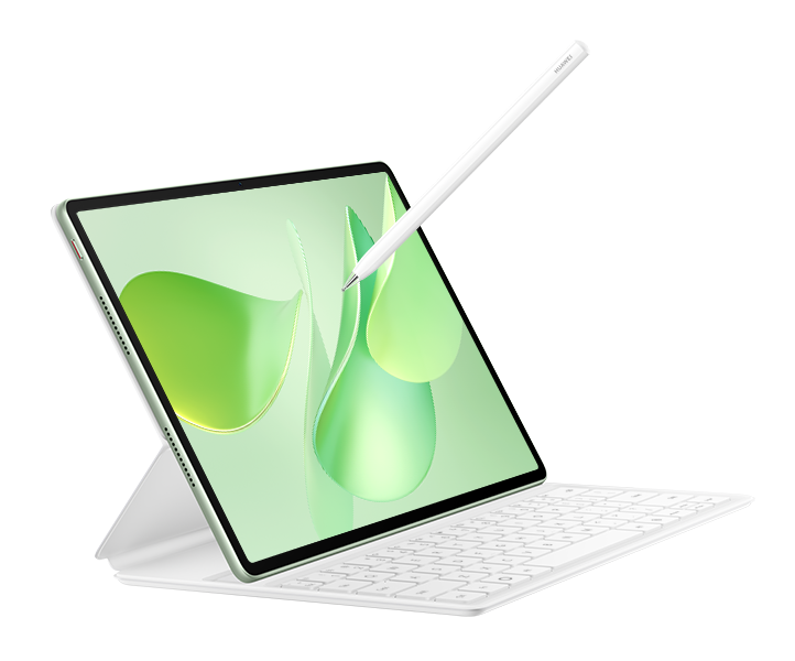 Tablet z klawiaturą i rysikiem. Ekran wyświetla zielone abstrakcyjne kształty. Wszystkie elementy są białe.
