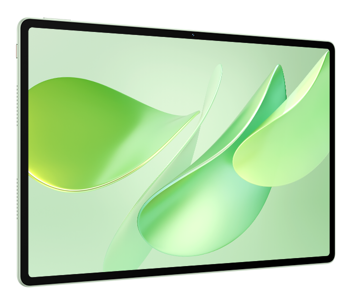 Tablet z jasnozielonym ekranem. Abstrakcyjne zielone i białe kształty na ekranie. Ramka jest czarna.