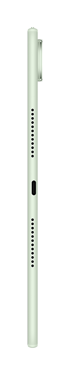 Widok z boku jasnozielonego tabletu. Ma aparat, otwory głośnikowe i port ładowania. Tło jest czarne.
