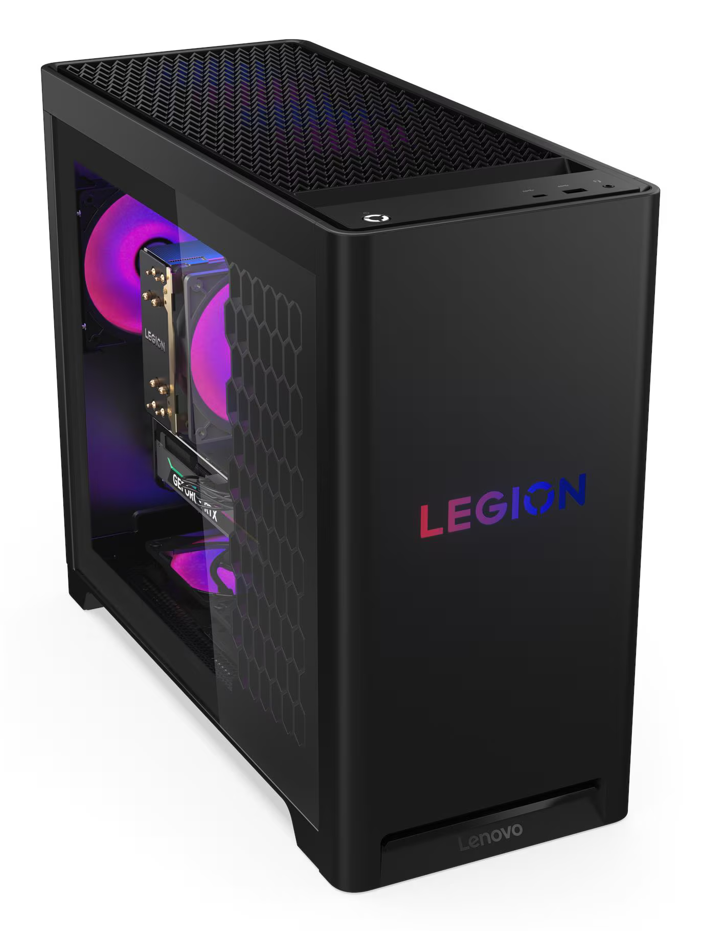 Czarny komputer do gier Lenovo Legion. Ma szklany panel boczny, widoczne wentylatory z różowymi światłami i logo Legion.