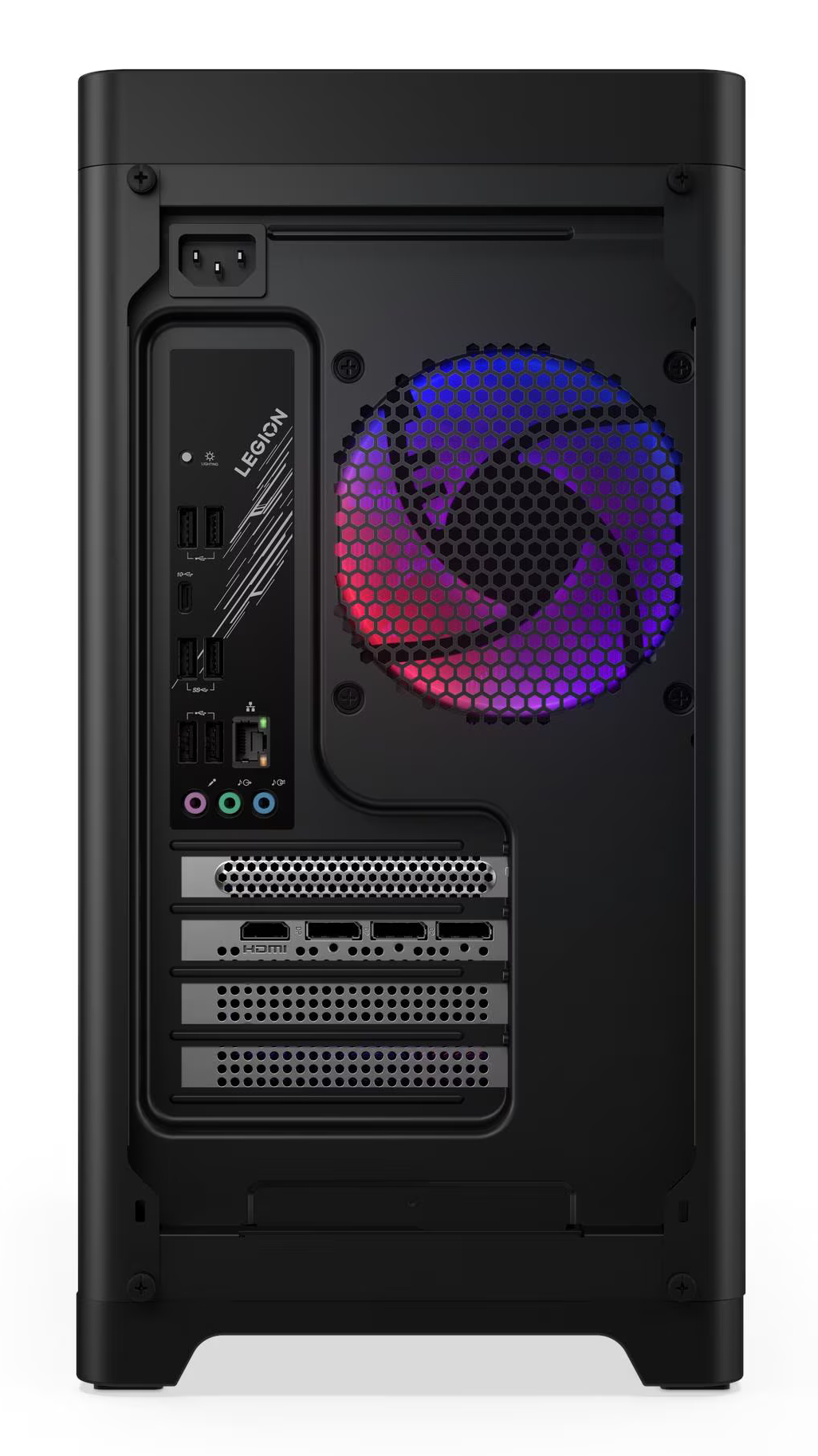 Tył czarnej obudowy komputera z logo Legion, portami i wentylatorem z czerwonymi, fioletowymi i niebieskimi światłami widocznymi przez kratkę.