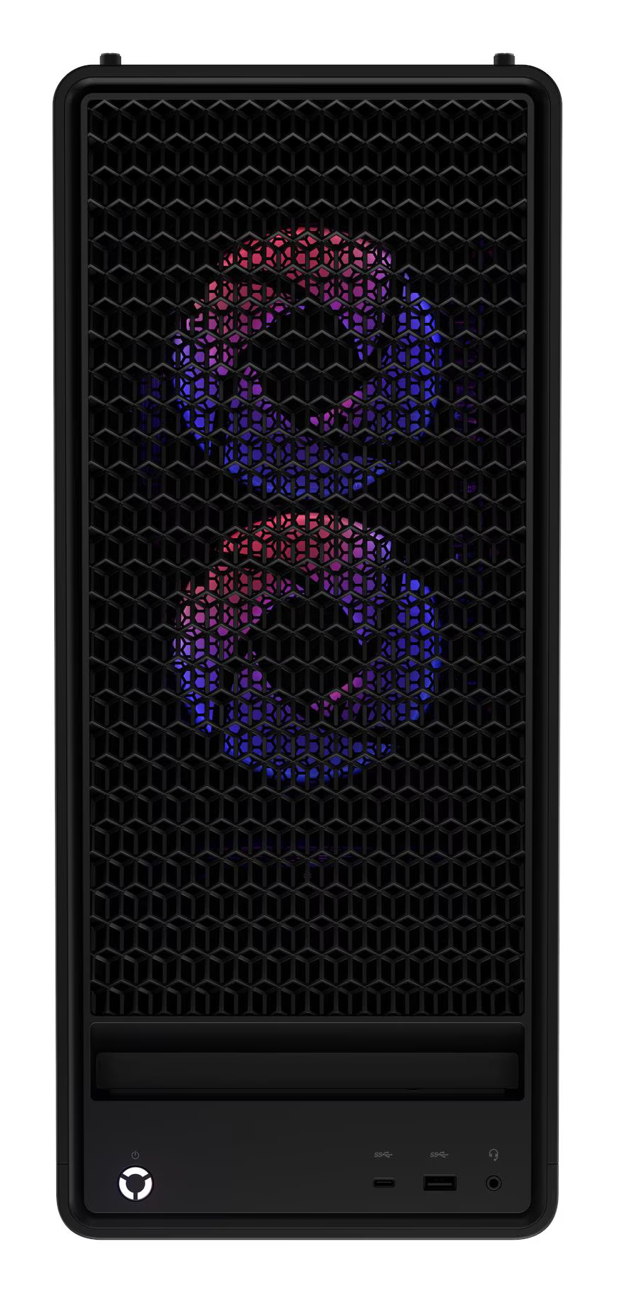 Czarna obudowa komputera z kratką o strukturze plastra miodu. Wewnątrz dwa wentylatory z czerwonym i niebieskim światłem.
