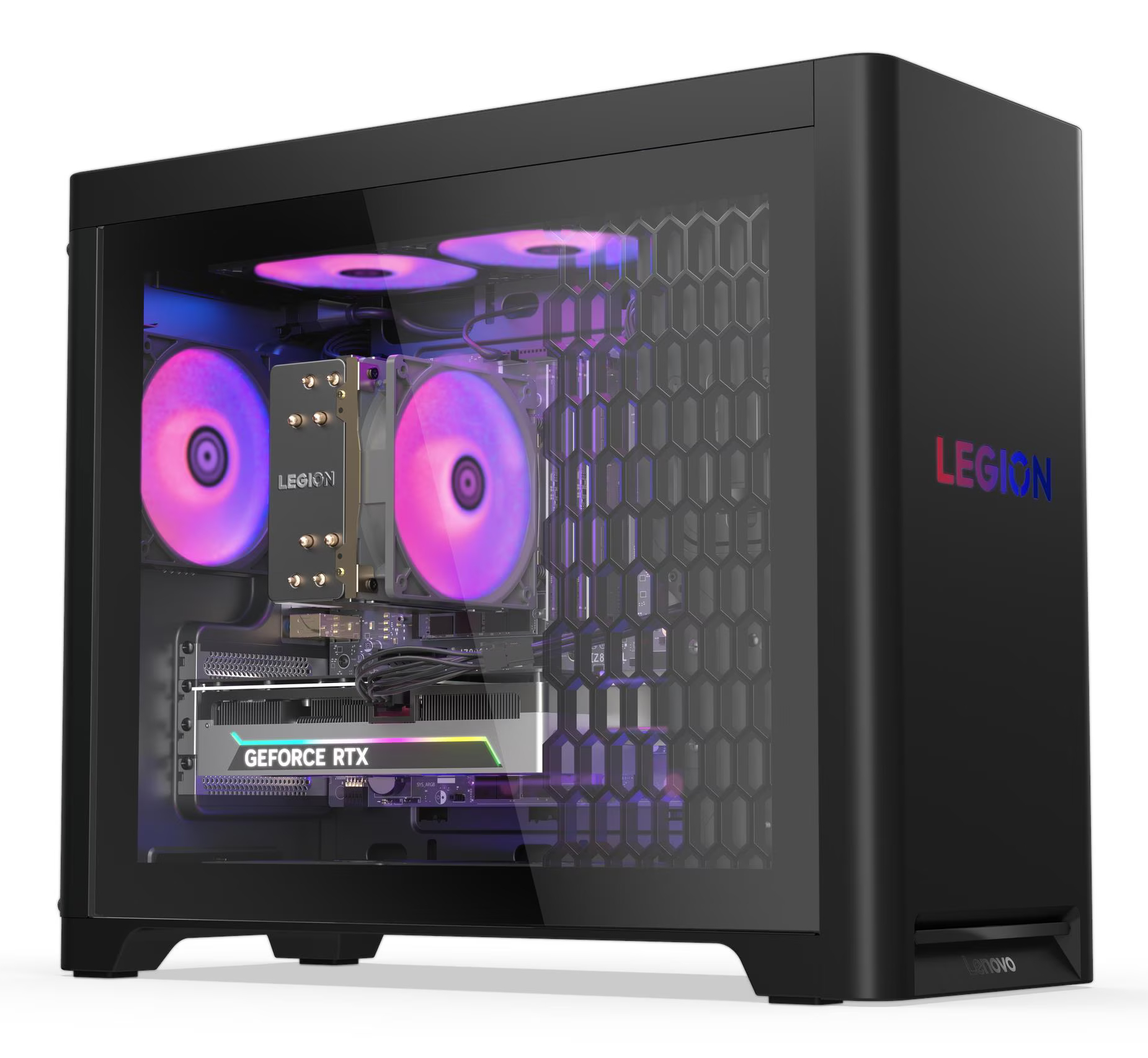 Czarny komputer stacjonarny z przezroczystym panelem bocznym, pokazujący wewnętrzne komponenty i logo Legion, z wentylatorami RGB.