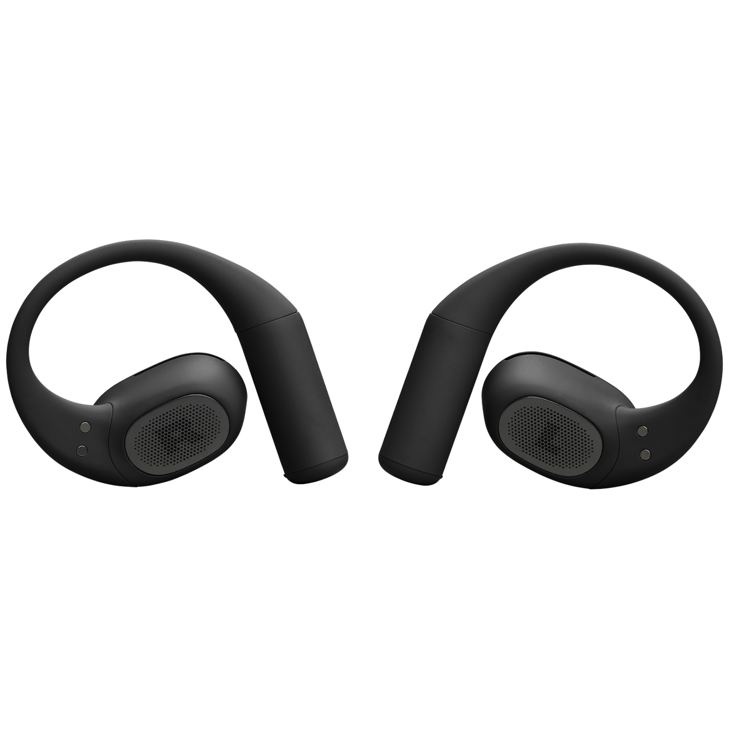Deux écouteurs noirs de style crochet d'oreille sur fond blanc. Chacun a un haut-parleur et une boucle d'oreille. Les deux sont orientés vers le centre.
