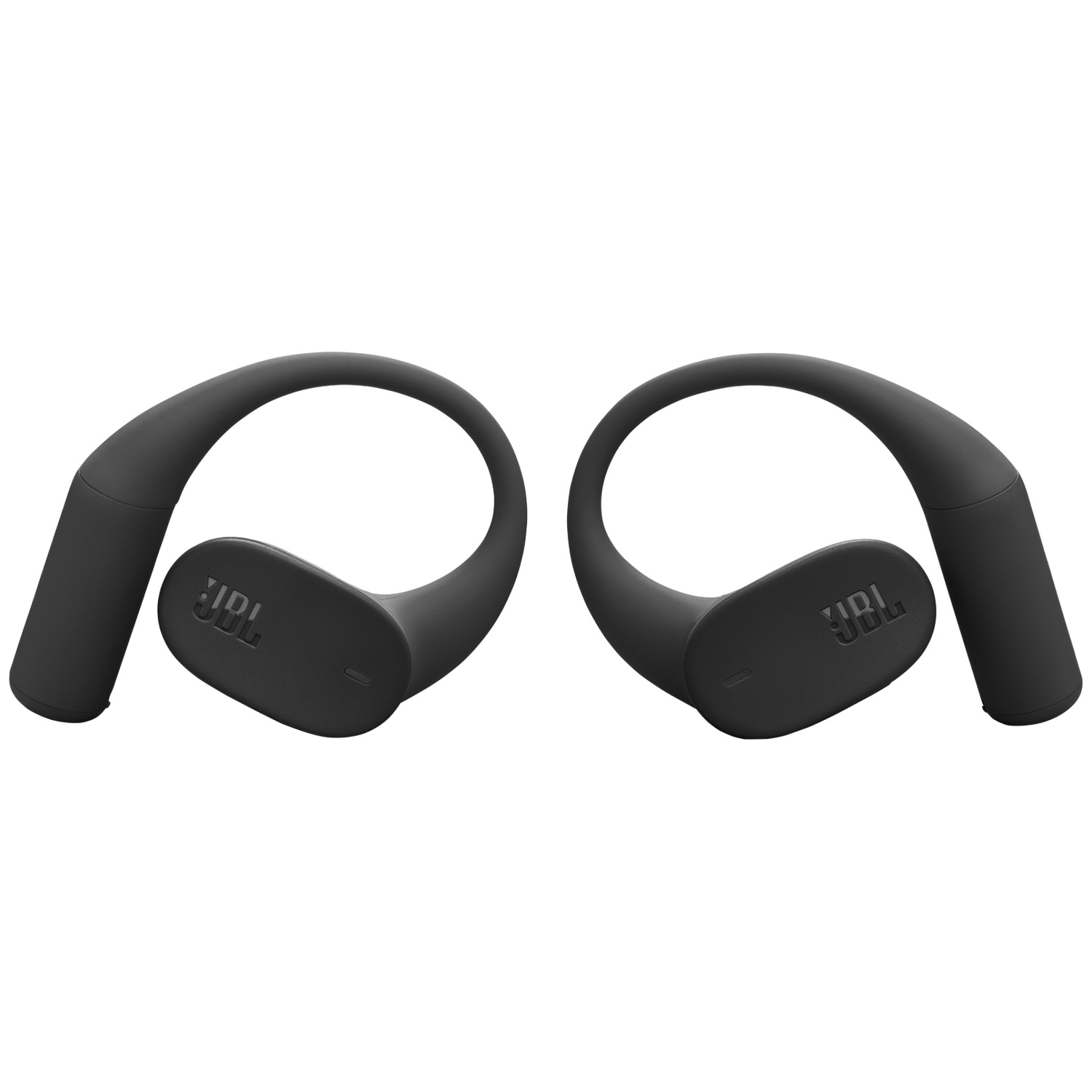 Deux écouteurs sans fil JBL noirs avec crochets d'oreille sont affichés. Les écouteurs sont sur fond blanc.