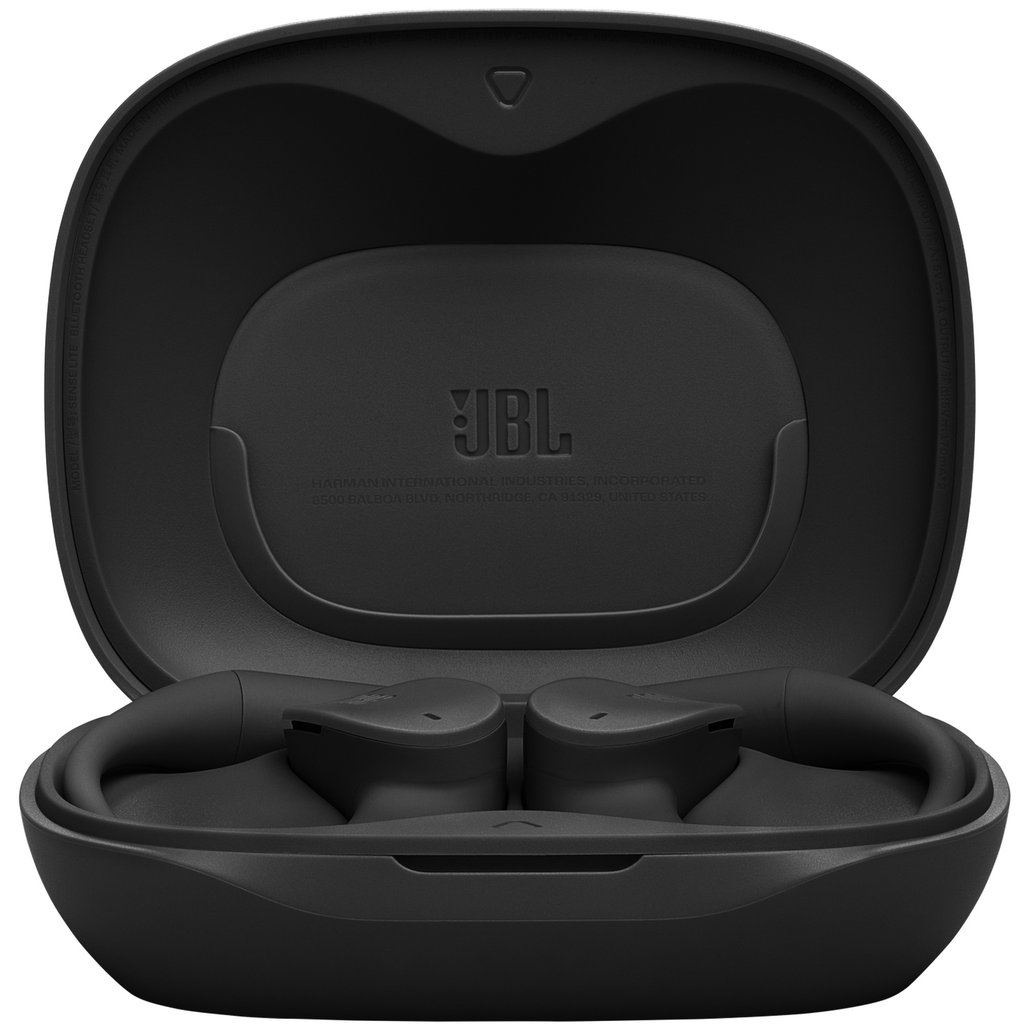 Écouteurs JBL noirs dans un étui de chargement ouvert. L'étui est ouvert, révélant les écouteurs à l'intérieur.