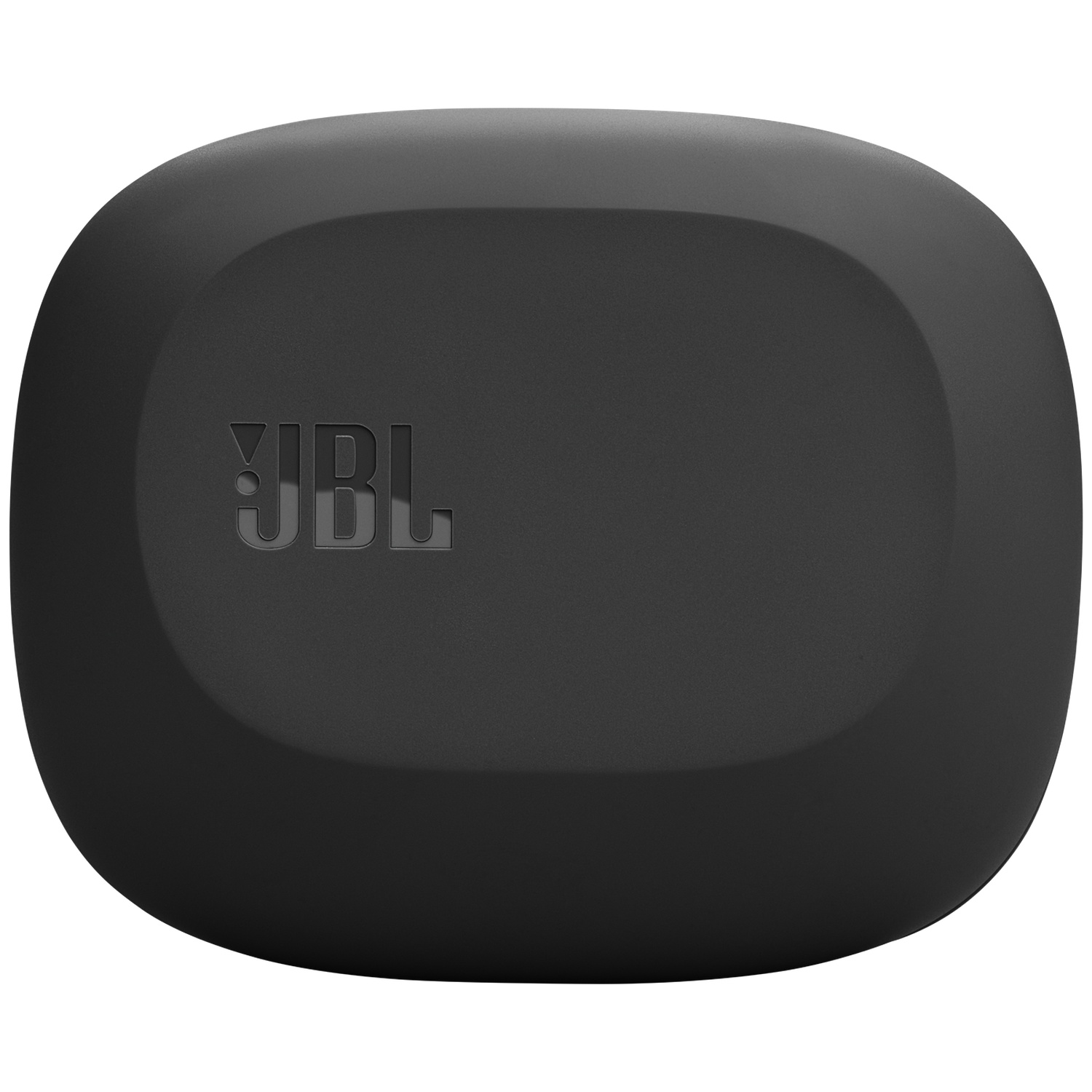 Un étui d'écouteurs JBL noir de forme ovale. Le logo JBL est en relief sur la surface supérieure. L'étui a des bords arrondis et une finition lisse.
