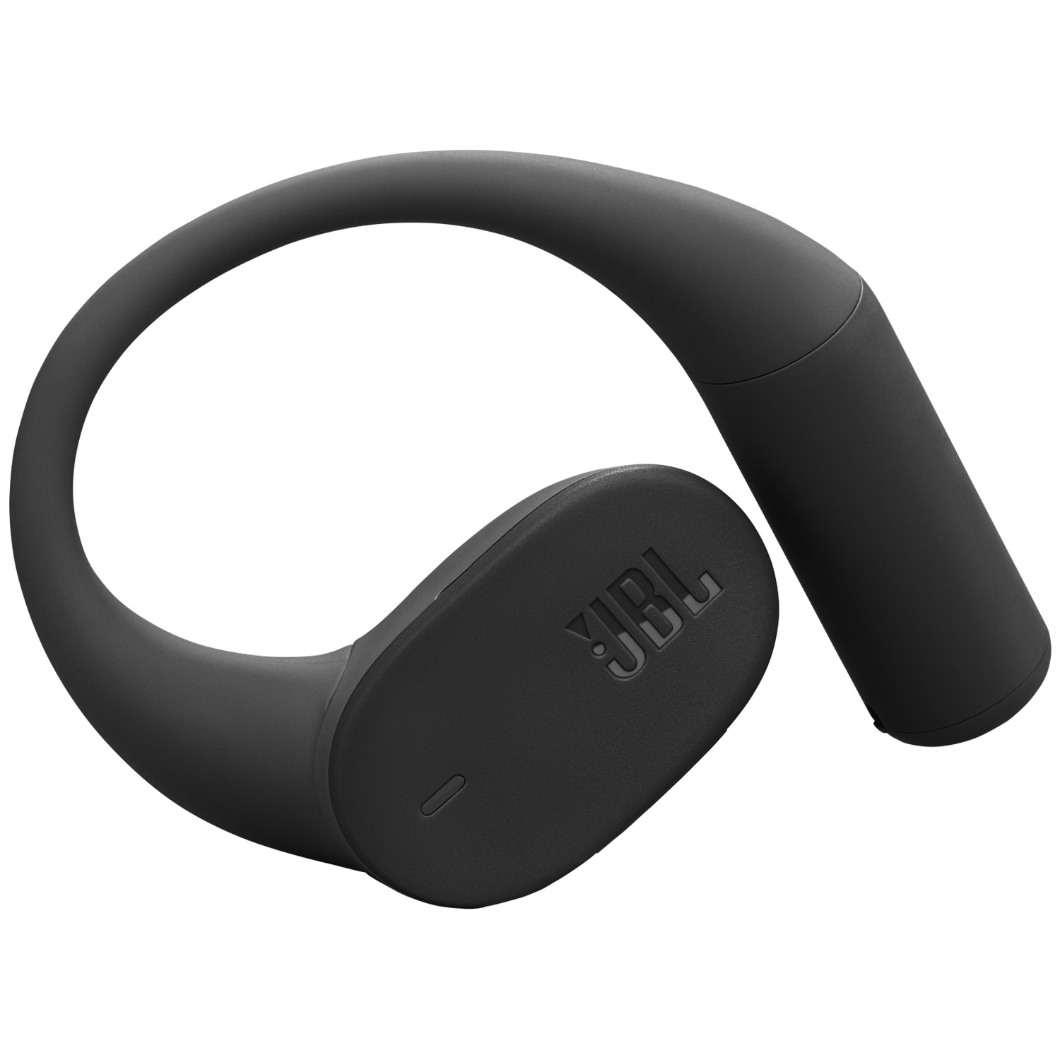 Casque sans fil JBL noir. Design incurvé avec haut-parleur et crochet d'oreille. Le logo JBL est visible.
