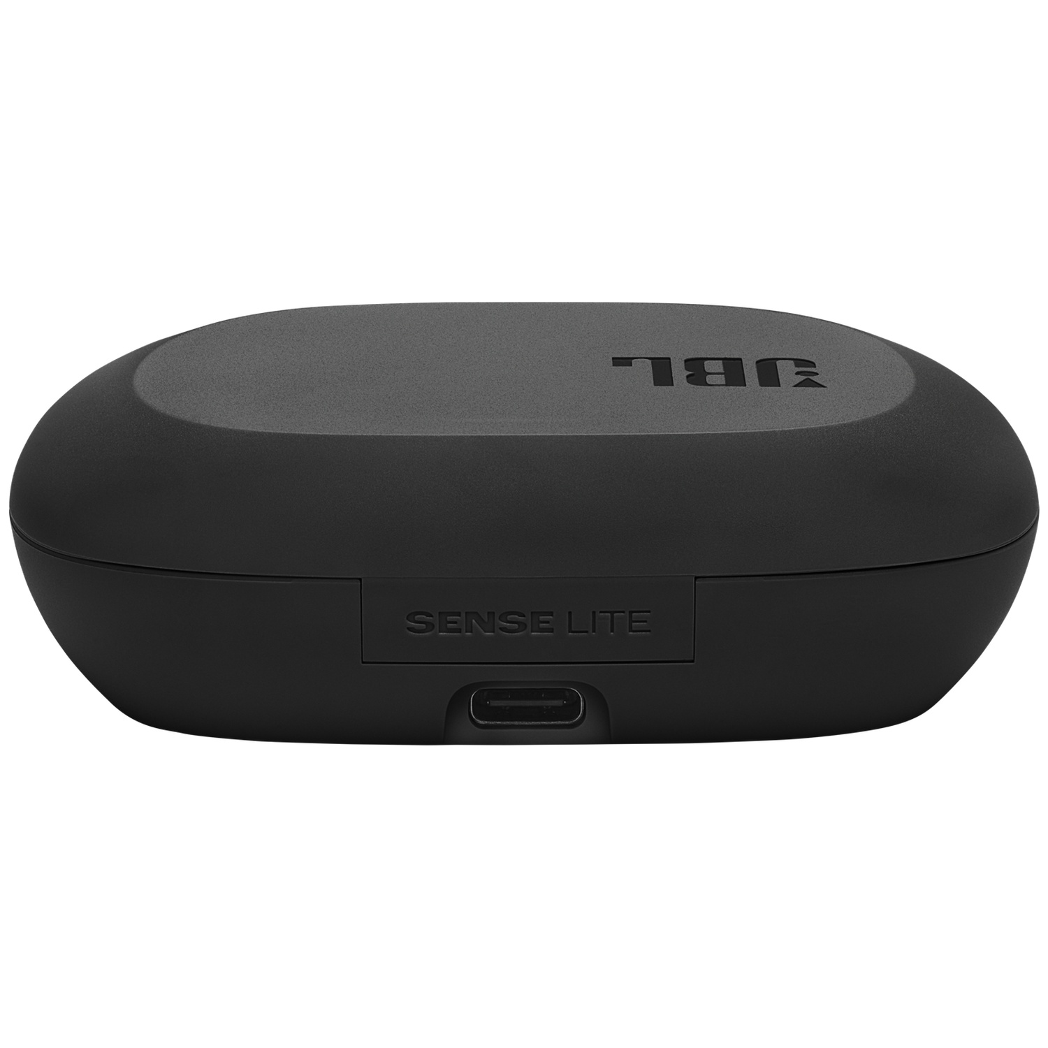 Un étui de chargement noir pour écouteurs JBL Sense Lite. Le dessus est plat avec le logo JBL. Le bas a un port USB-C.