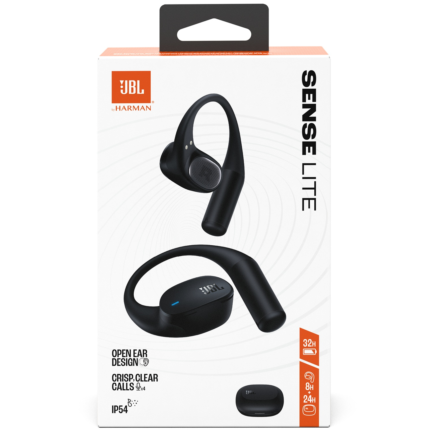 Écouteurs JBL Sense Lite dans une boîte blanche. La boîte montre le produit et ses caractéristiques : design ouvert, appels clairs et batterie 32H.