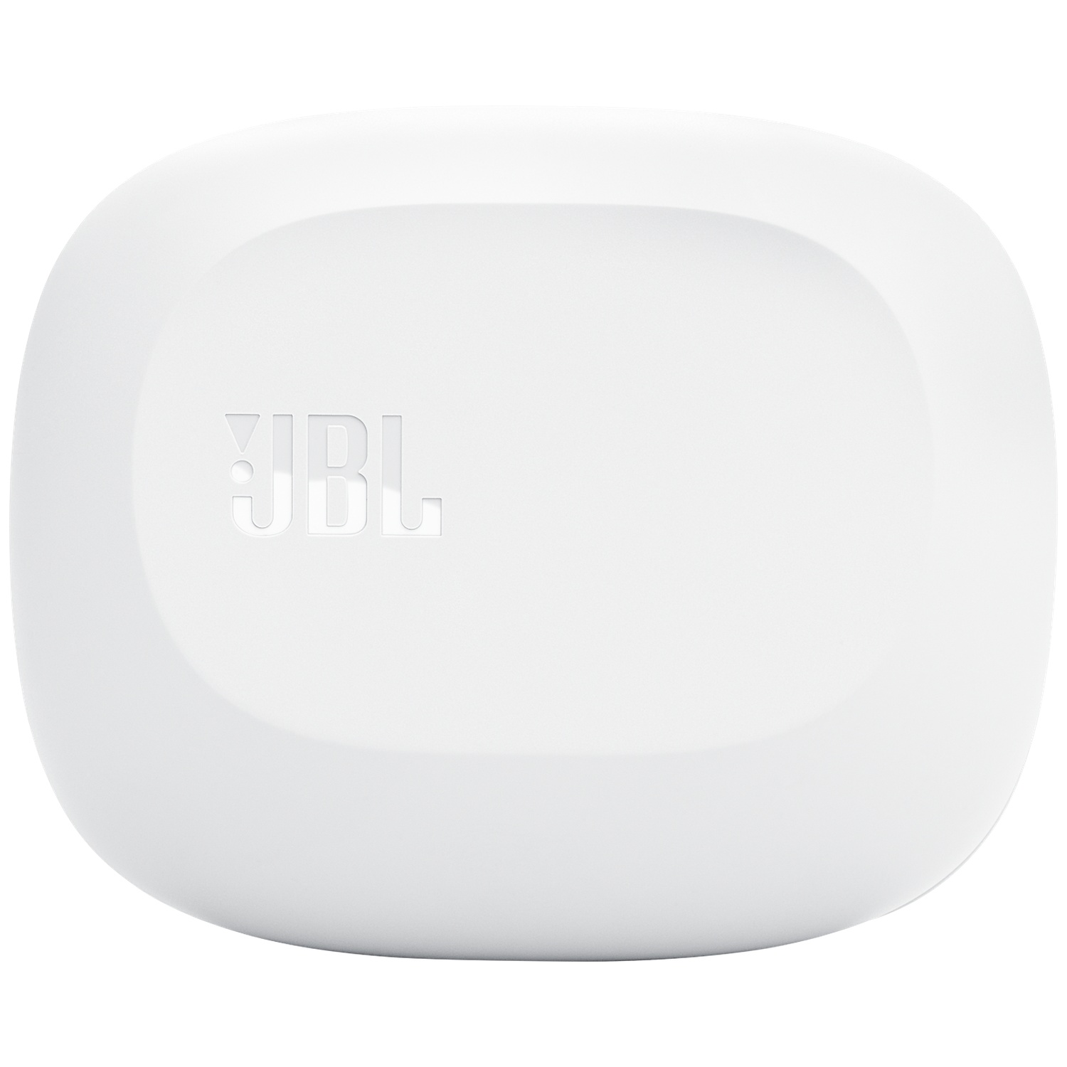 Un étui de chargement JBL blanc et arrondi. Le logo JBL est en relief sur le dessus. L'étui est sur fond blanc.