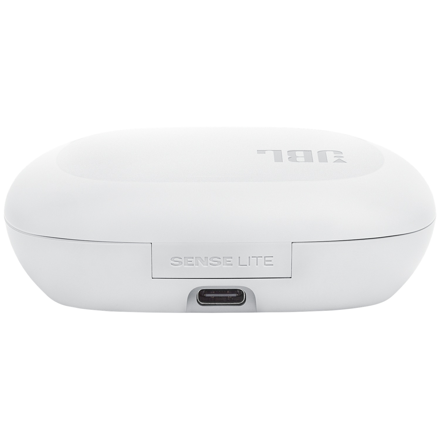Un étui de chargement blanc JBL Sense Lite. L'étui est de forme ovale, avec le texte "JBL" en haut et un port USB-C en bas.