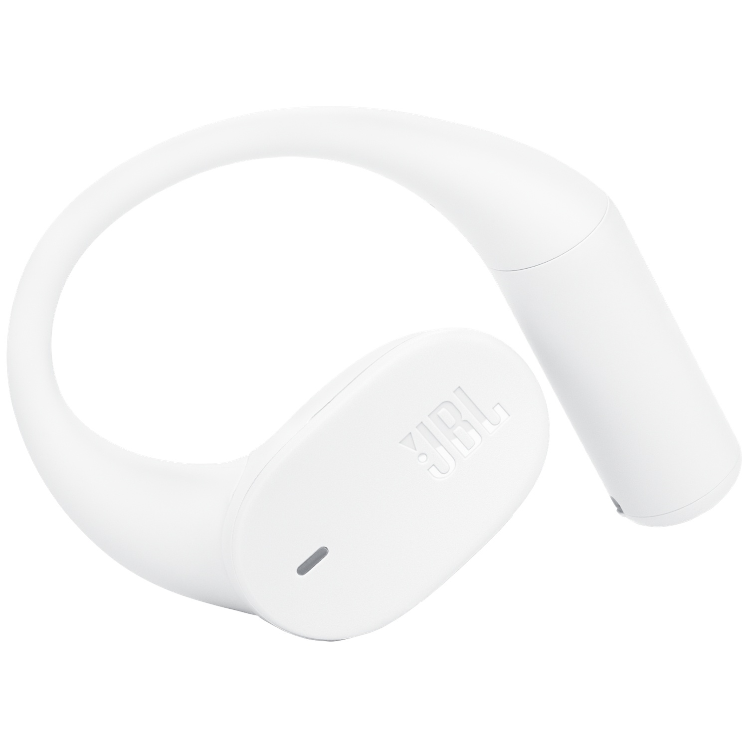 Un écouteur JBL blanc. Il présente un design incurvé, un crochet d'oreille et un composant cylindrique. Le logo JBL est visible.