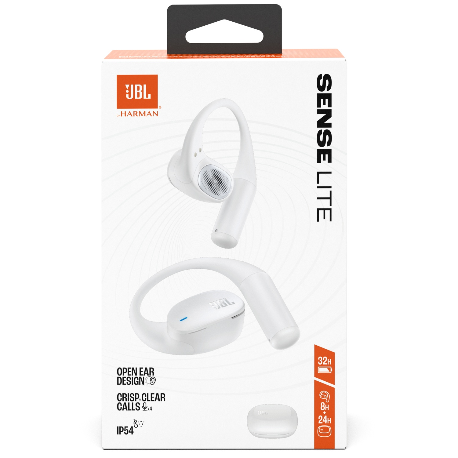 Écouteurs JBL Sense Lite blancs sur boîte. Caractéristiques : conception ouverte, appels clairs et indice IP54. La boîte affiche 32h de batterie.