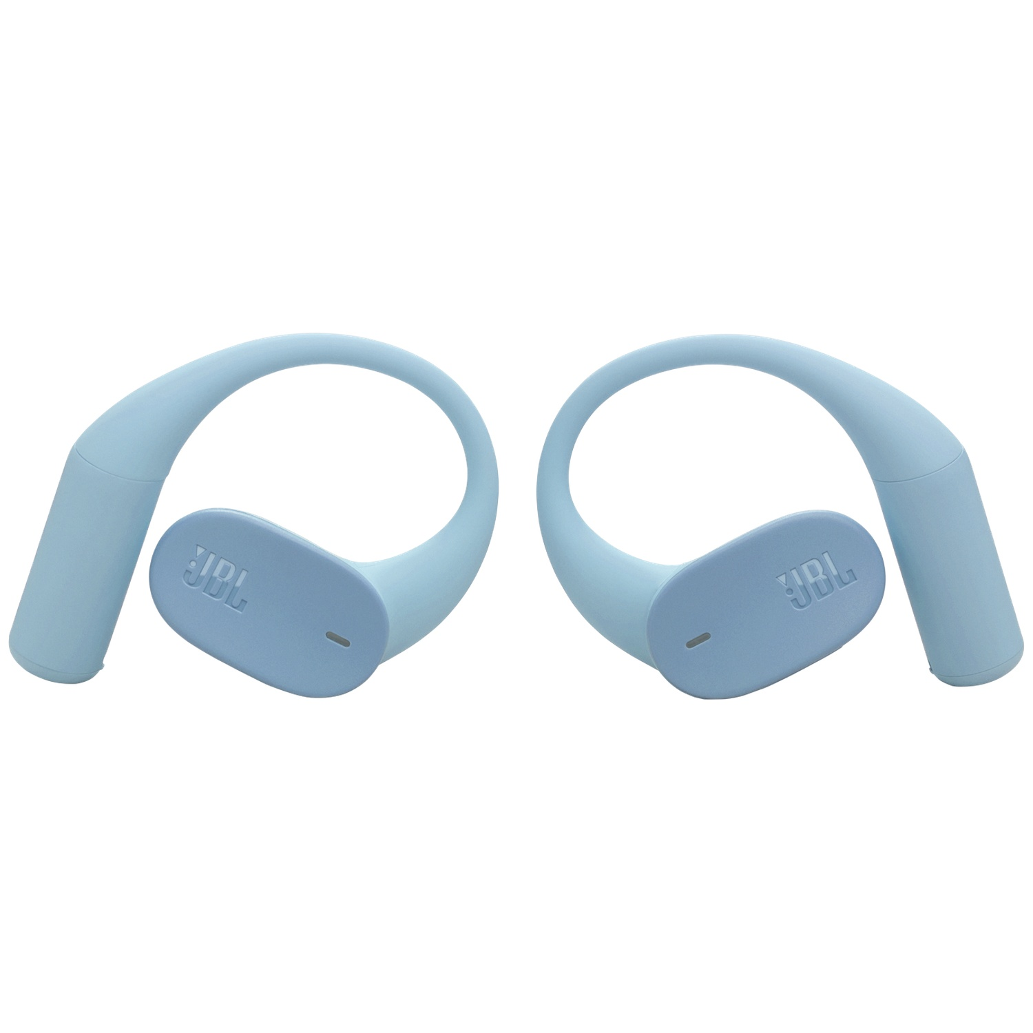 Deux écouteurs JBL bleu clair, chacun avec un crochet d'oreille courbé et une section plate avec le logo JBL, isolés sur fond blanc.