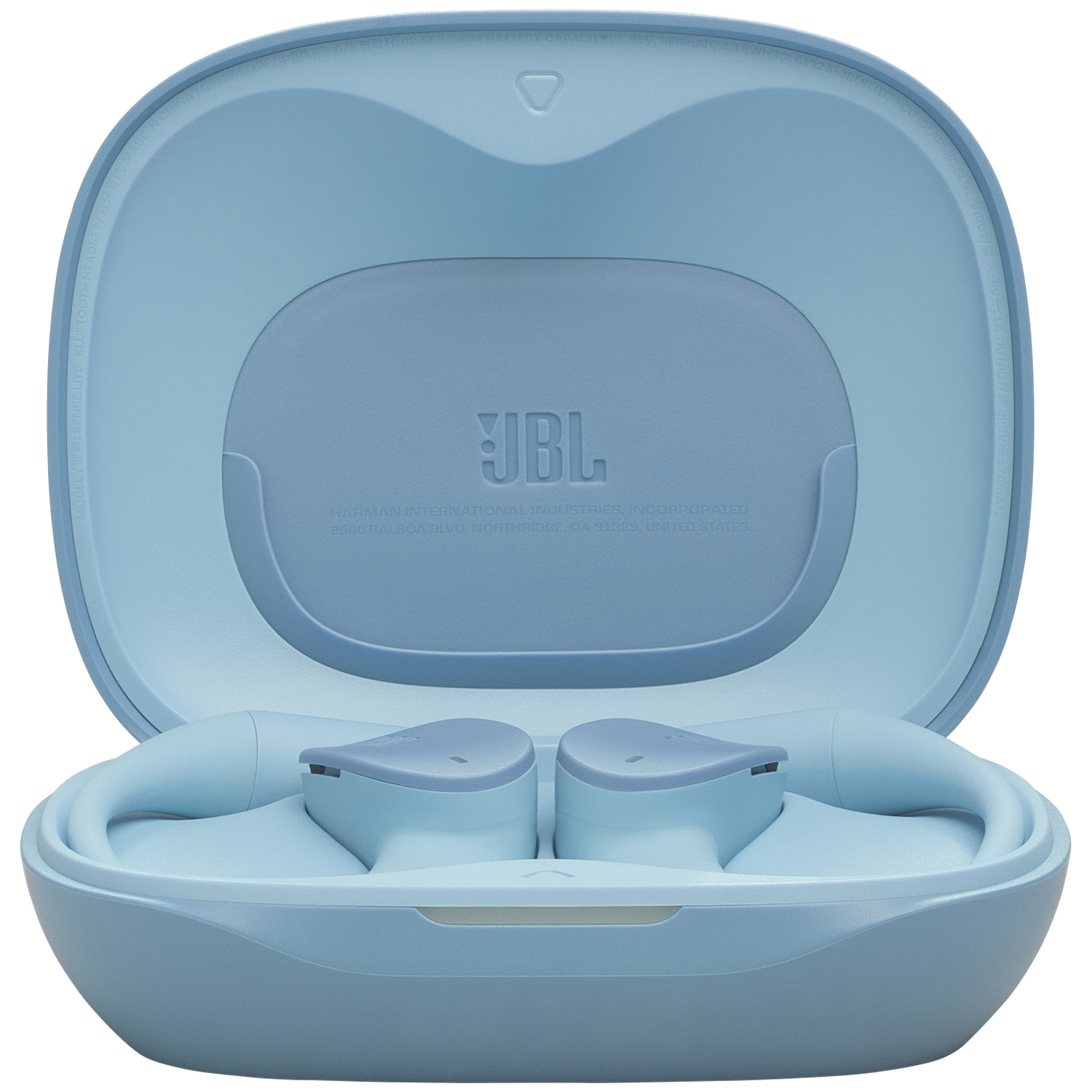 Étui d'écouteurs JBL bleu clair ouvert avec écouteurs à l'intérieur. L'étui est ouvert, présentant les écouteurs et le logo JBL.