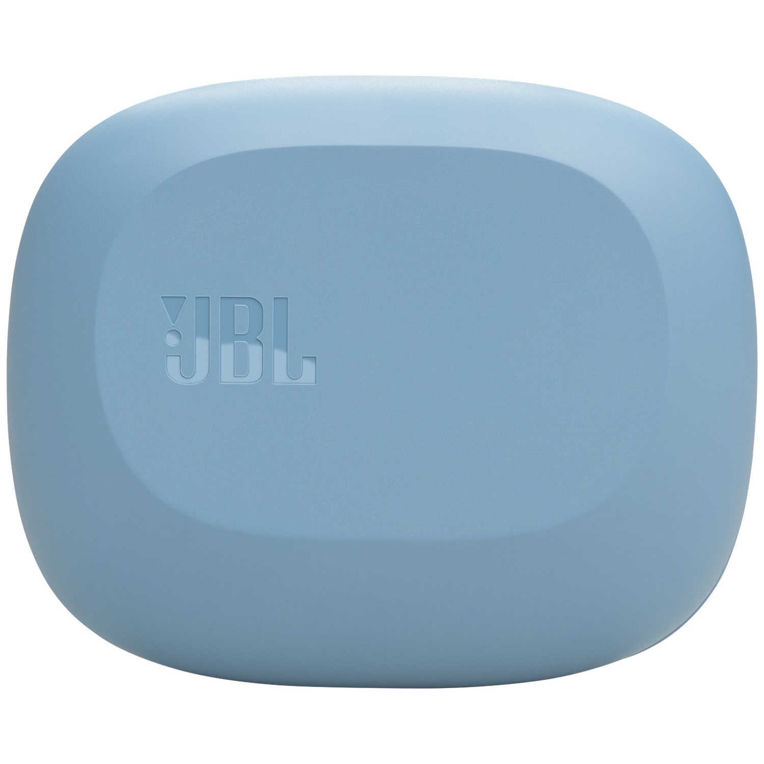 Un étui rectangulaire arrondi bleu clair avec le logo JBL en relief sur le devant.