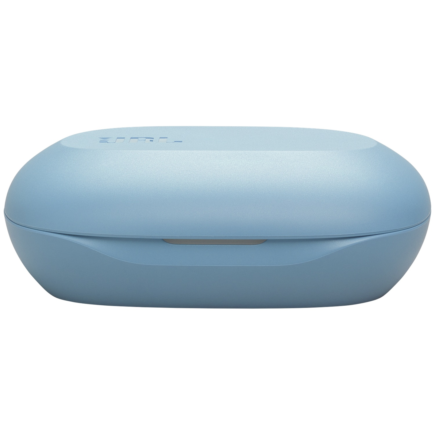 Un étui ovale bleu clair, peut-être pour des écouteurs, est centré sur un fond blanc. L'étui a une finition mate lisse.