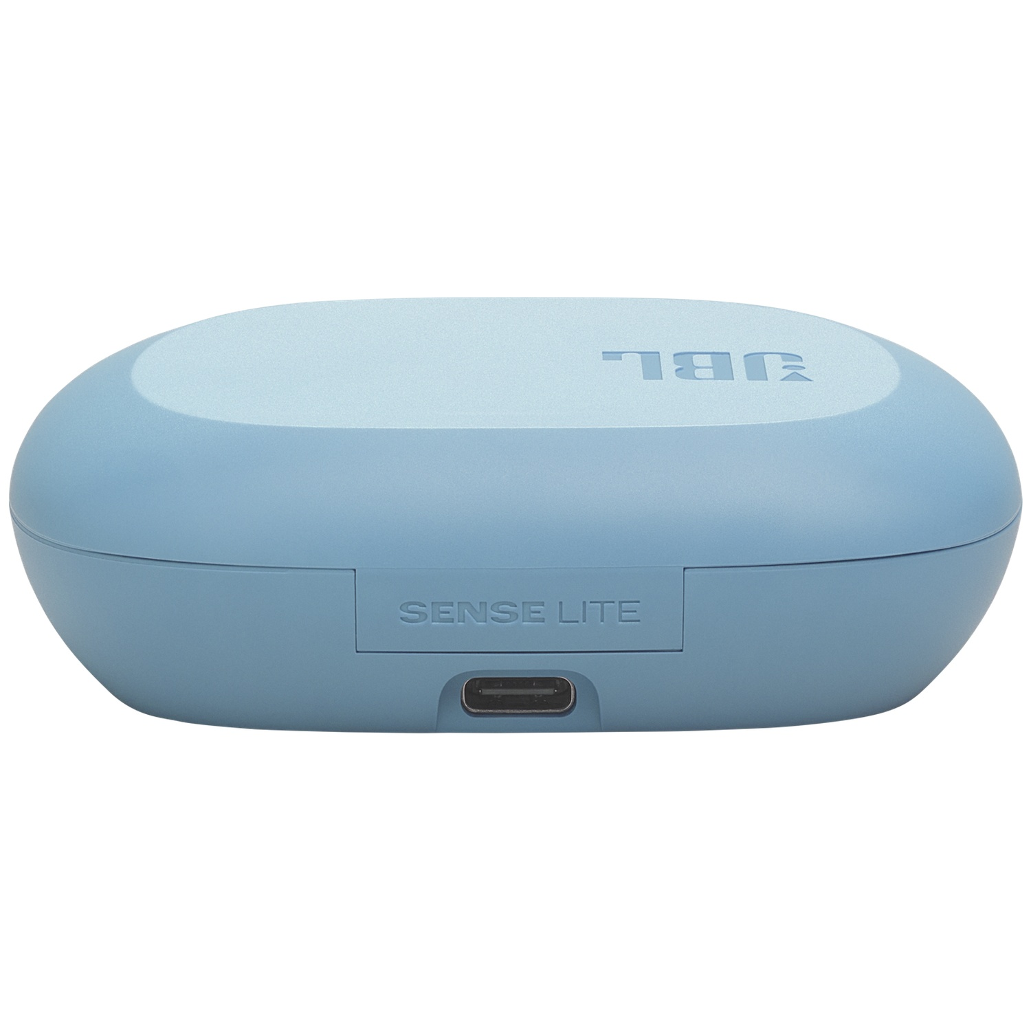 Un étui pour écouteurs JBL Sense Lite bleu clair. Il est de forme ovale, avec 'JBL' sur le dessus et un port de charge en bas.