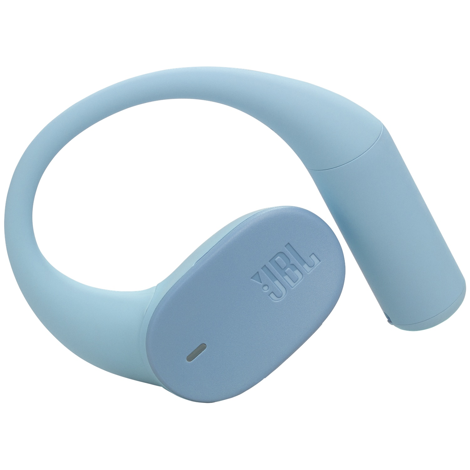 Un écouteur JBL bleu clair. Il a un design incurvé qui fait le tour de l'oreille. Le logo JBL est visible sur l'écouteur.